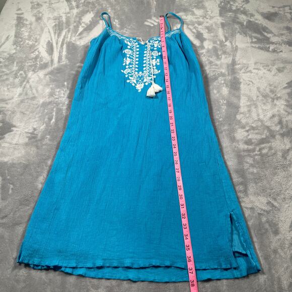 Pink Chicken Dress Womens Medium Blue Boho Hippie Gauzy Embroidered Flowy Tassel - Picture 12 of 13